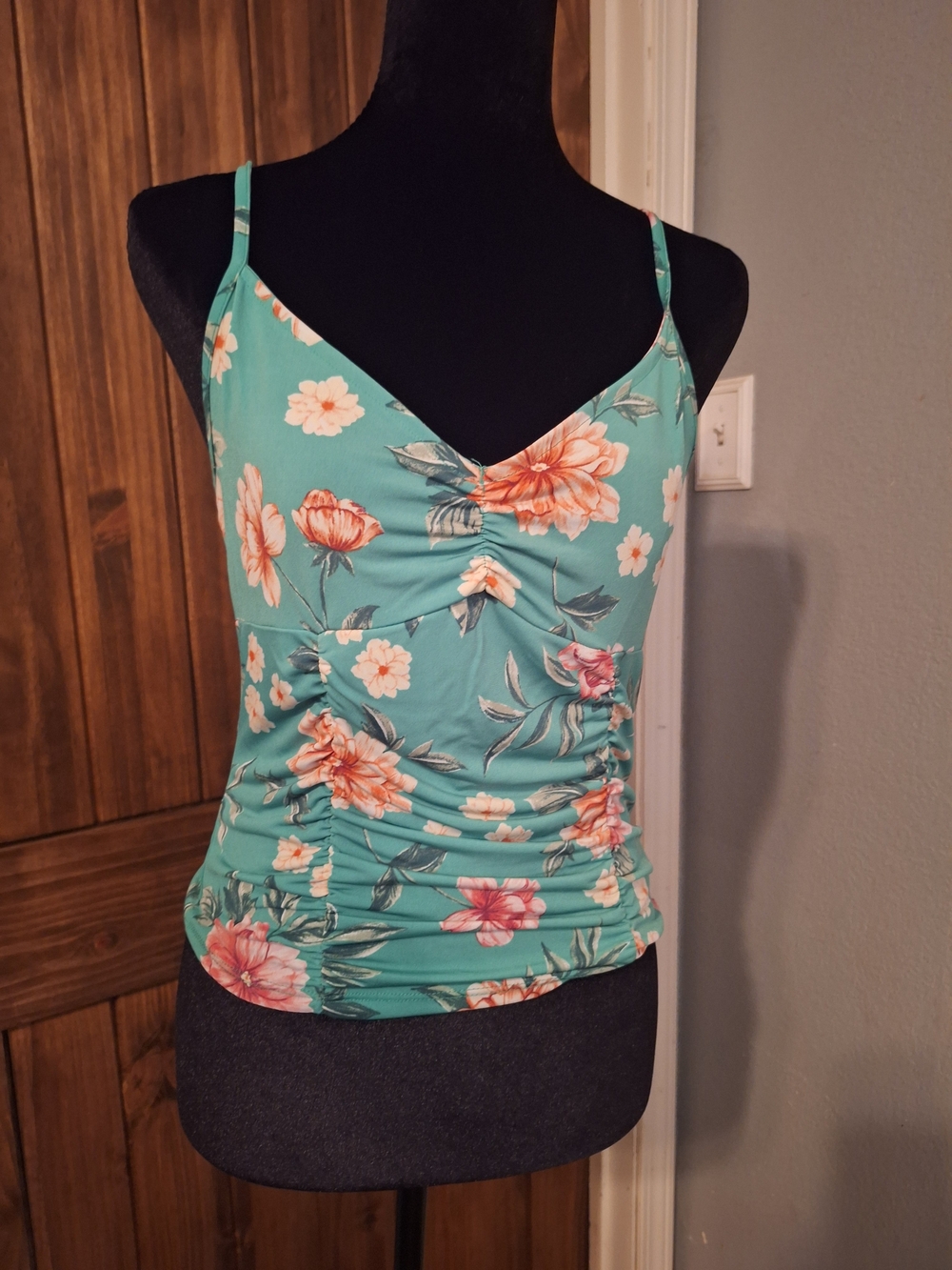 Ambiance Teal Floral Ruched Spaghetti-Strap Camisole Sz L